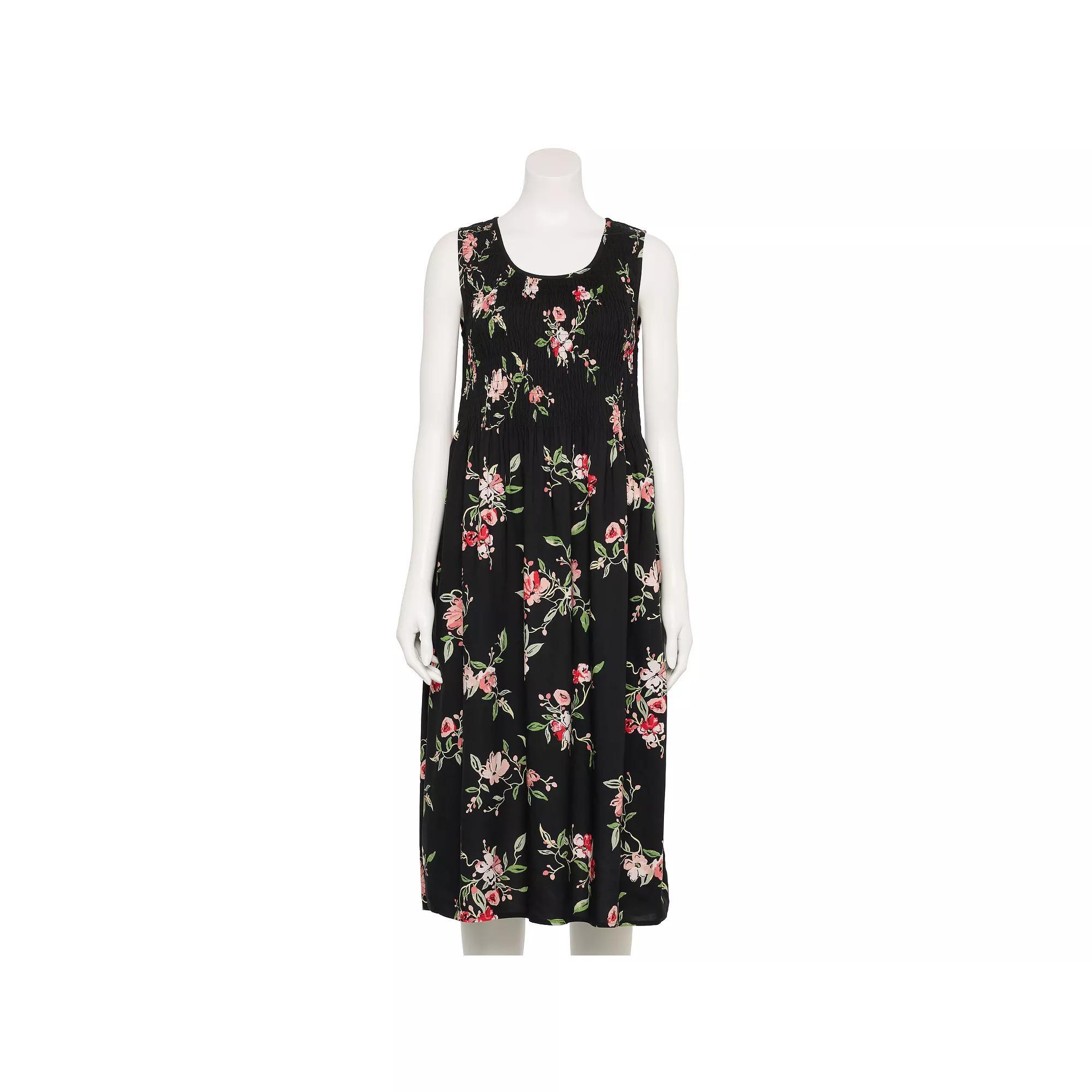 Women's Croft & Barrow® Smocked Midi Dress, Size: Large, Black Team Floral Product Image