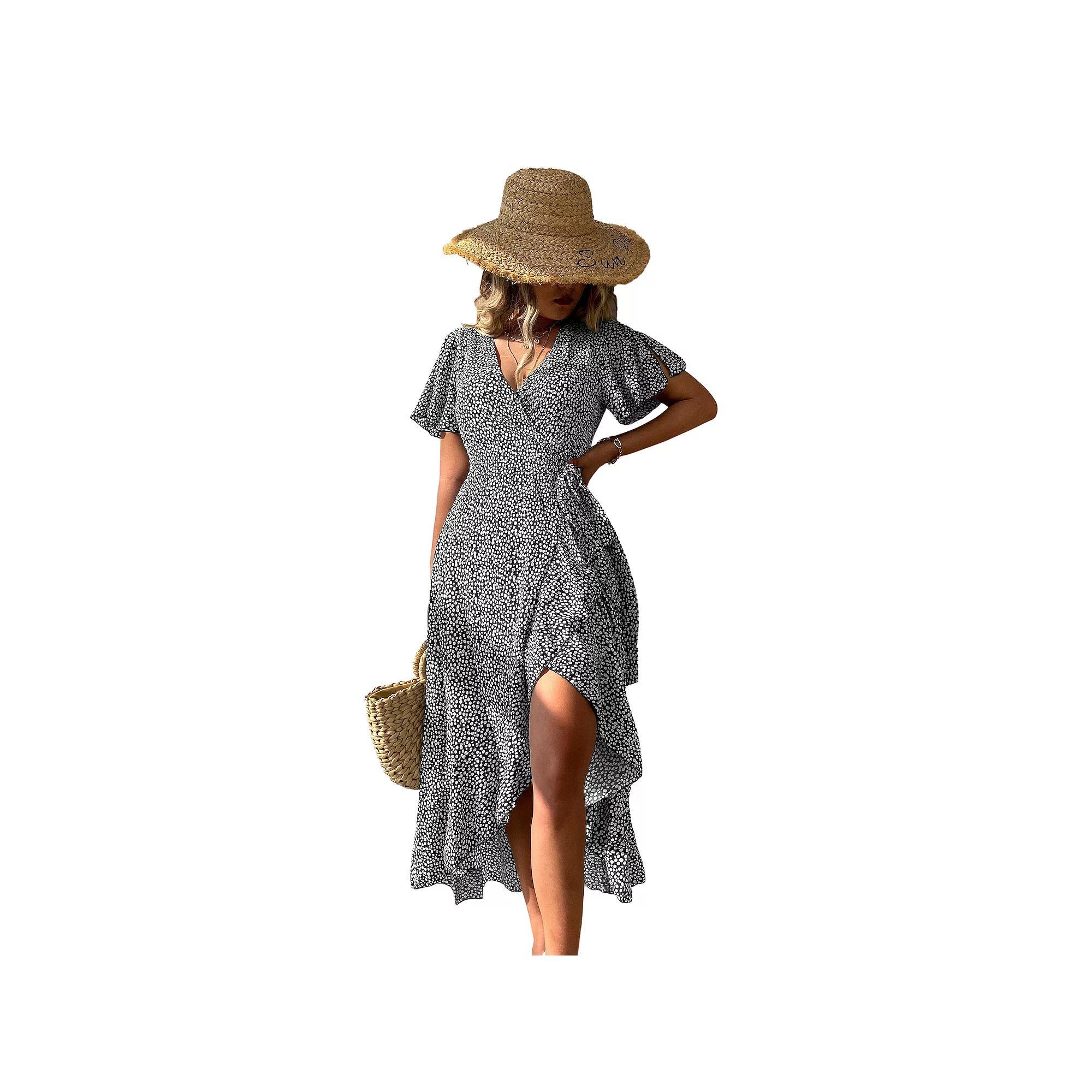 Women's Cupshe Flared Sleeve V-neck Ditsy Dress, Size: Large, Black Product Image