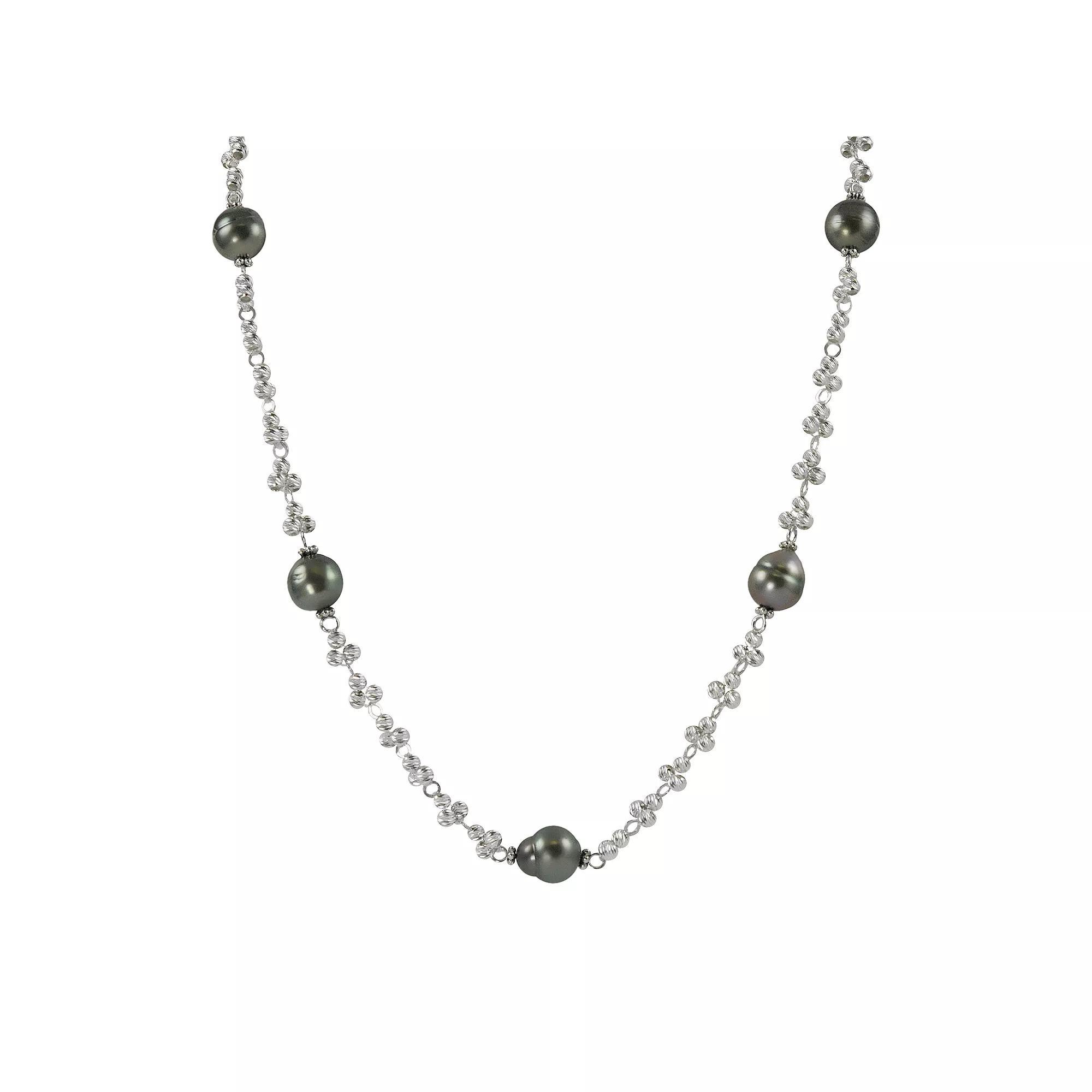 Sterling Silver Tahitian Cultured Pearl Bead Station Necklace, Womens Product Image