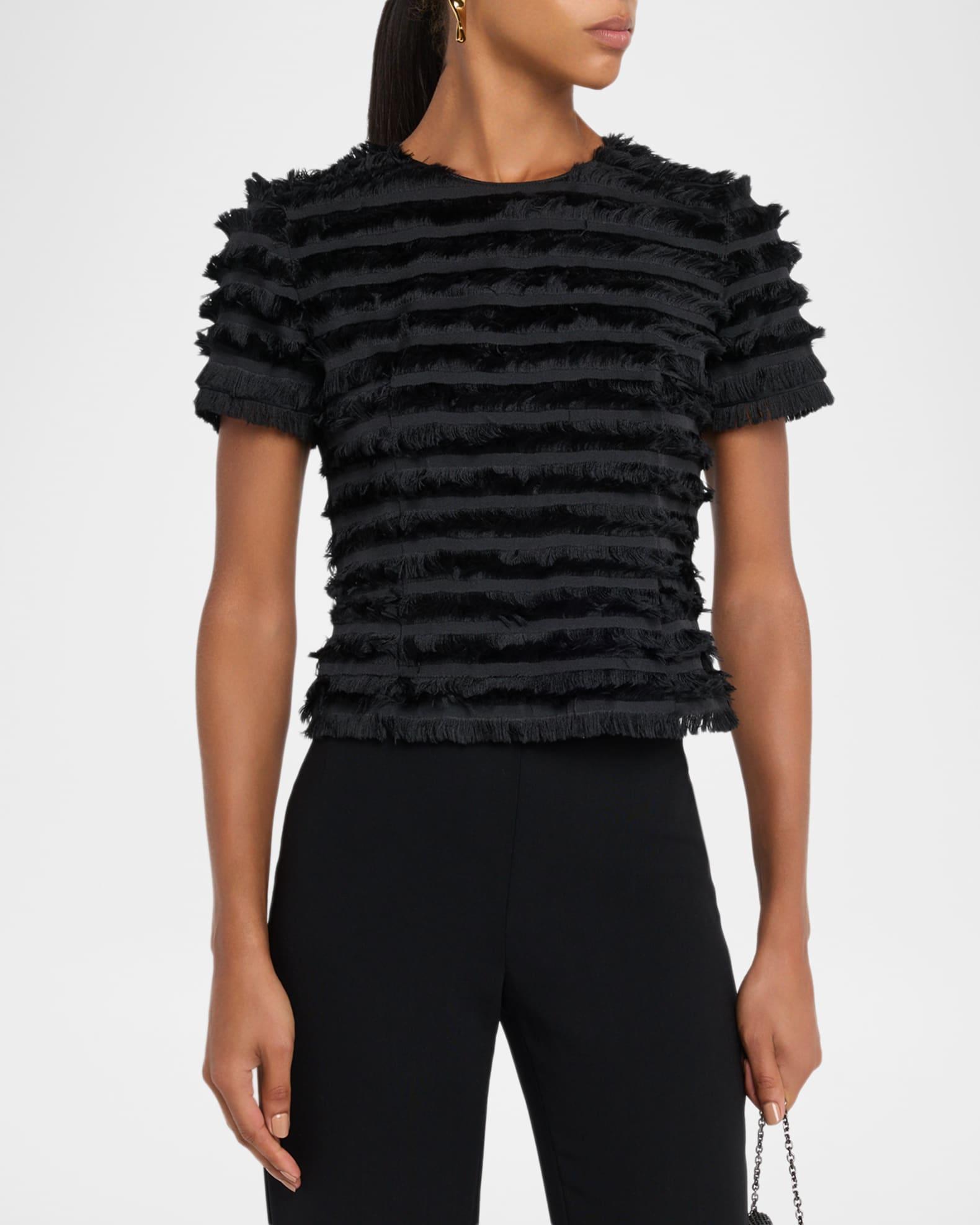 Striped Fringe Short-Sleeve Fitted Top Product Image