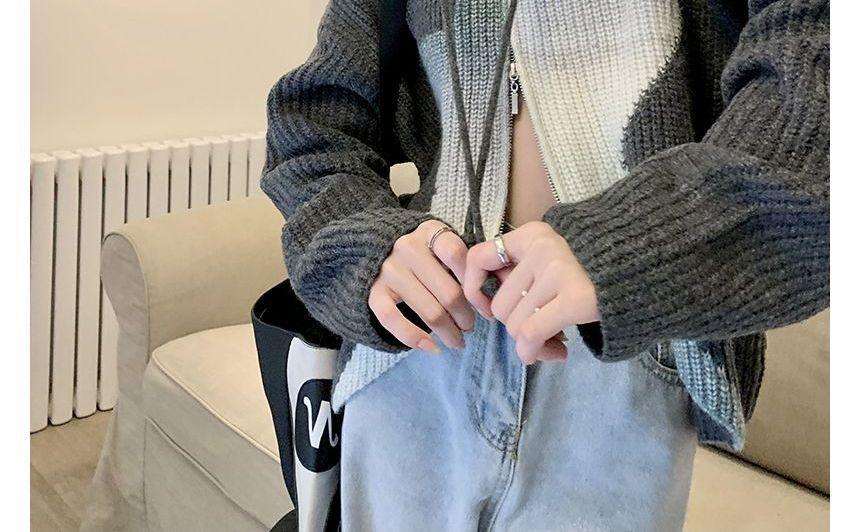 Long-Sleeve Double Zip Star Jacquard Hooded Knit Jacket Product Image