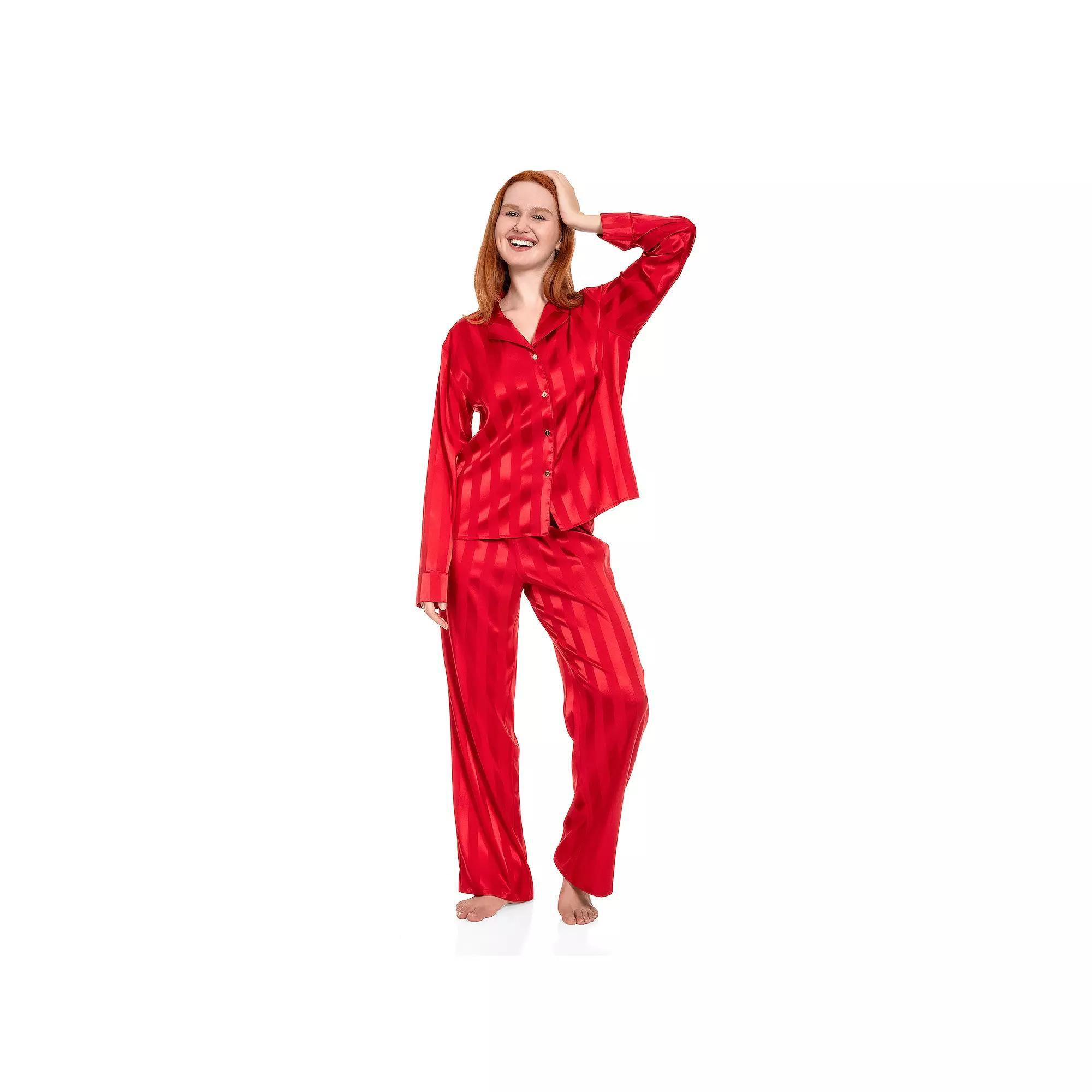 Women's Lilac+London Long Satin Notch Collar Pajama Top & Pajama Bottoms Set, Size: XXL LONG, Red Product Image