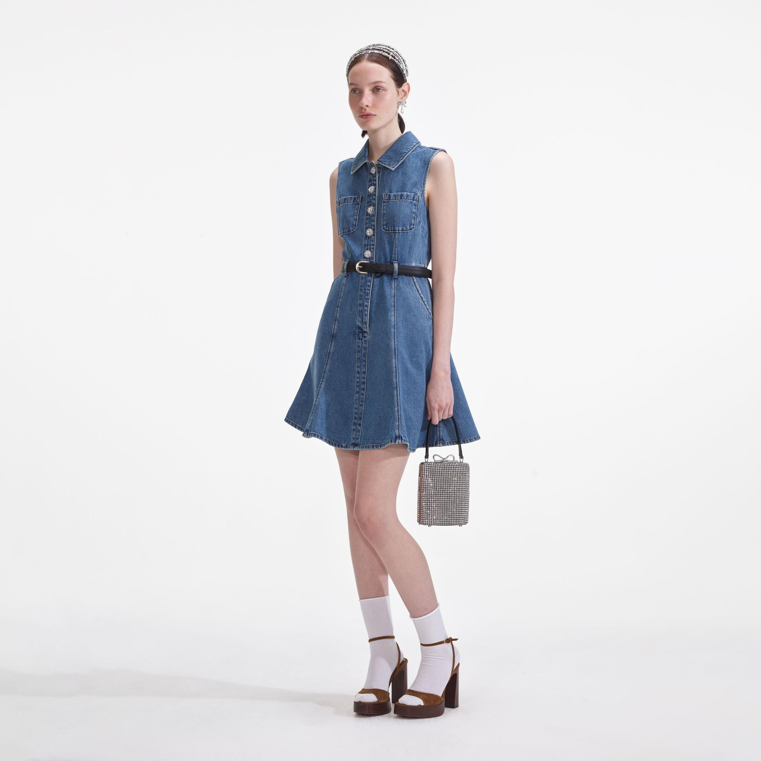 Denim Sleeveless Pearl Mini Dress Product Image