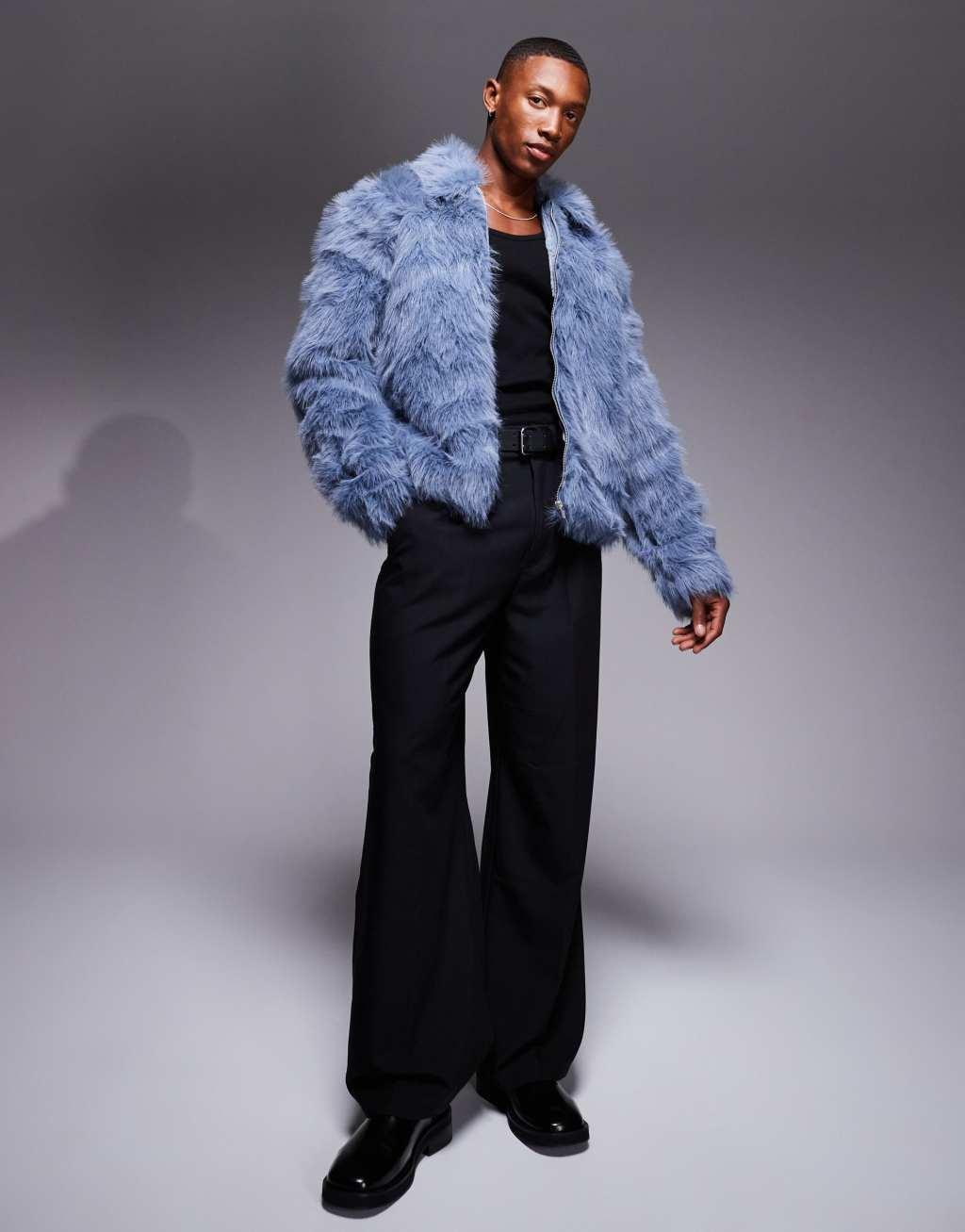 ASOS DESIGN faux fur harrington jacket in blue Product Image