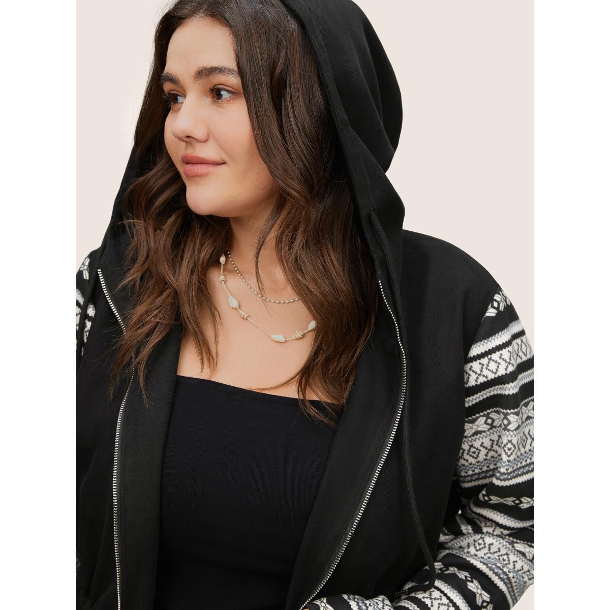 Plus Size Geometric Drawstring Patchwork Hooded Jacket Women Black Non Open pocket with flap Everyday Jackets BloomChic 22-24/3X Product Image