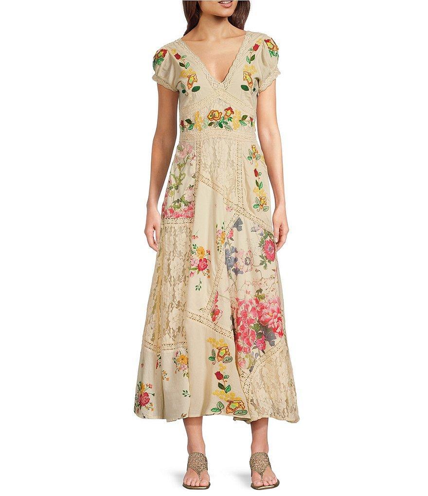 Reba Paige Patchwork Floral V-Neck Cap Sleeve A-Line Maxi Dress Product Image