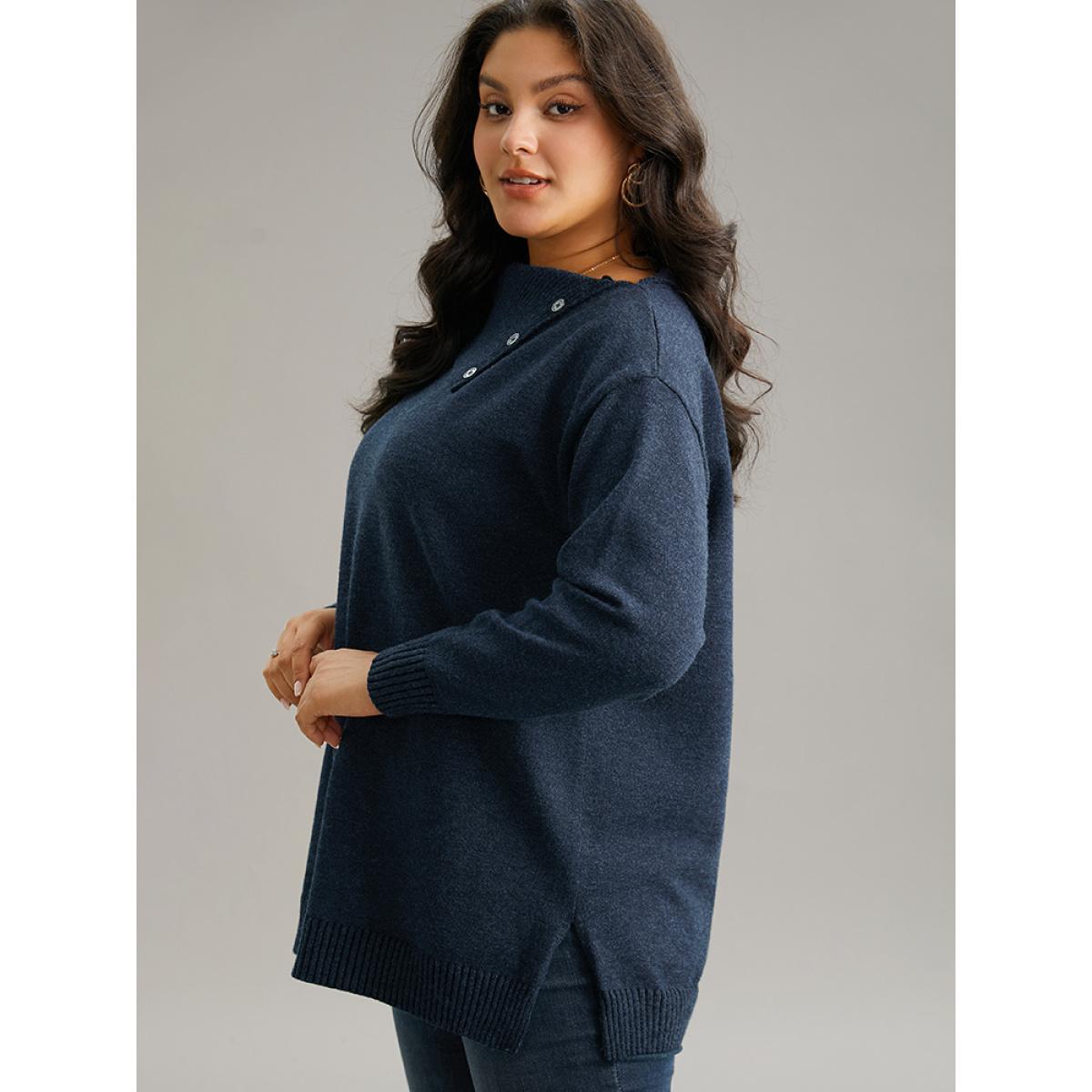 Plus Size Supersoft Essentials Asymmetrical Neck Button Detail Pullover Midnight Women Casual Loose Long Sleeve Asymmetrical Neck Dailywear Pullovers BloomChic 28/5X Product Image