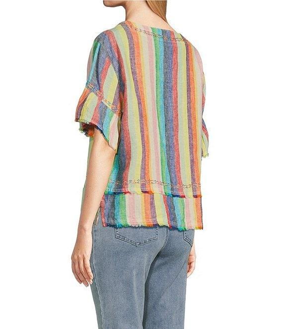 John Mark Embroidered Yarn-Dye Stripe Crew Neck Short Ruffle Hi-Low Hem Top Product Image