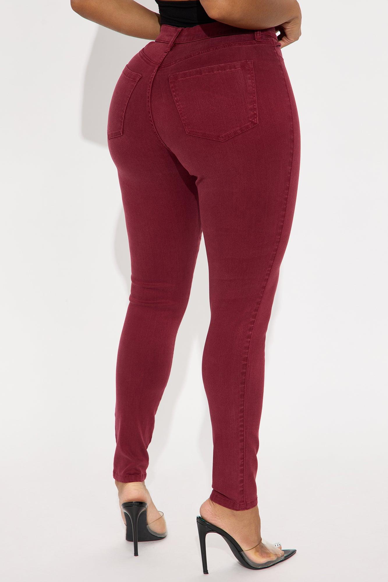 Classic Mid Waist Soft Stretch Skinny Jeans - Burgundy Product Image