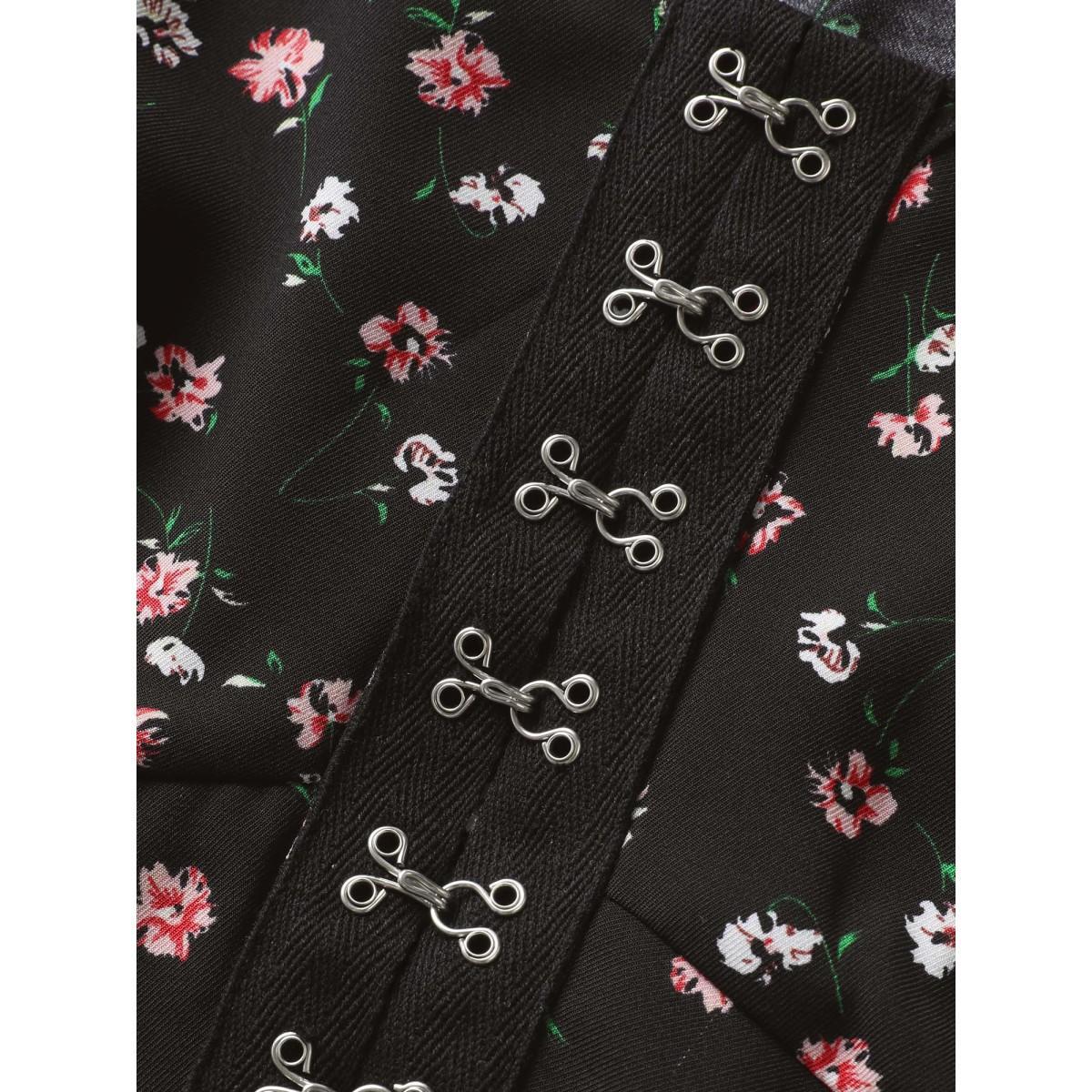 Plus Size V Neck Ditsy Floral Buckle Detail Tank Top Women Black Elegant Gathered V-neck Everyday Tank Tops Camis BloomChic 22-24/3X Product Image