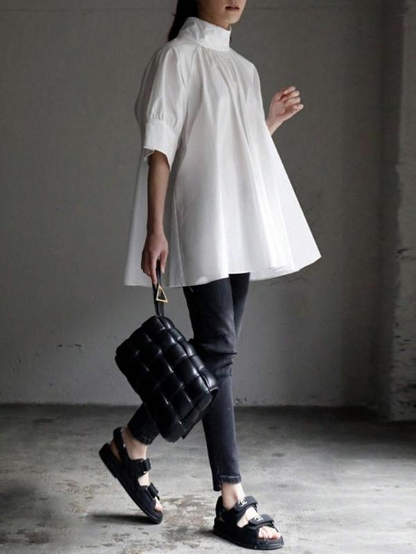 Half Sleeves Loose Solid Color High Neck Blouses&Shirts Tops Product Image