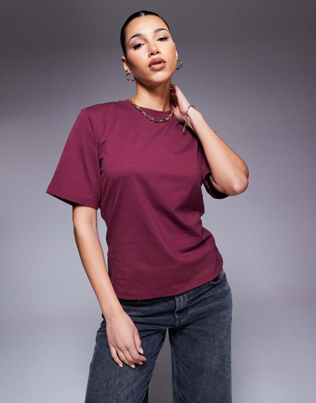 ASOS DESIGN fitted waist T-shirt with wrap cut-out back detail in burgundy Product Image