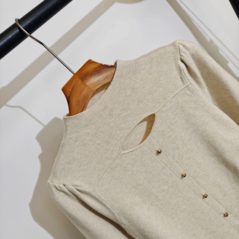Long Sleeve Mock Neck Cut Out Button Up Knitted Top Product Image