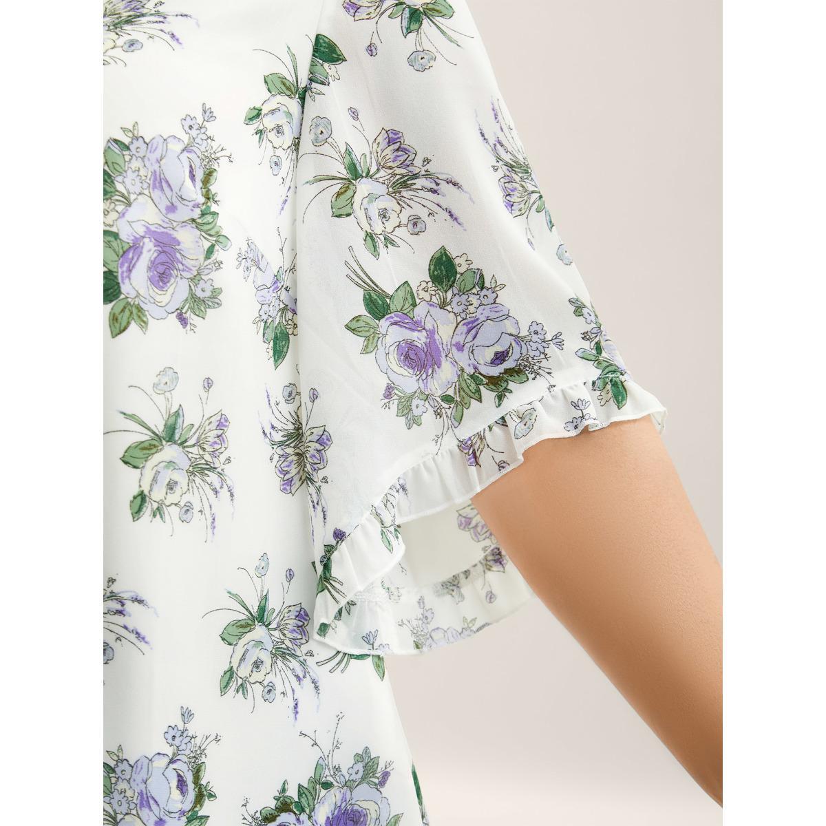 Plus Size Originalwhite Chiffon Floral Ruffled Edges Shirt Women Elegant Elbow-length sleeve Round Neck Everyday Blouses BloomChic 26/4X Product Image