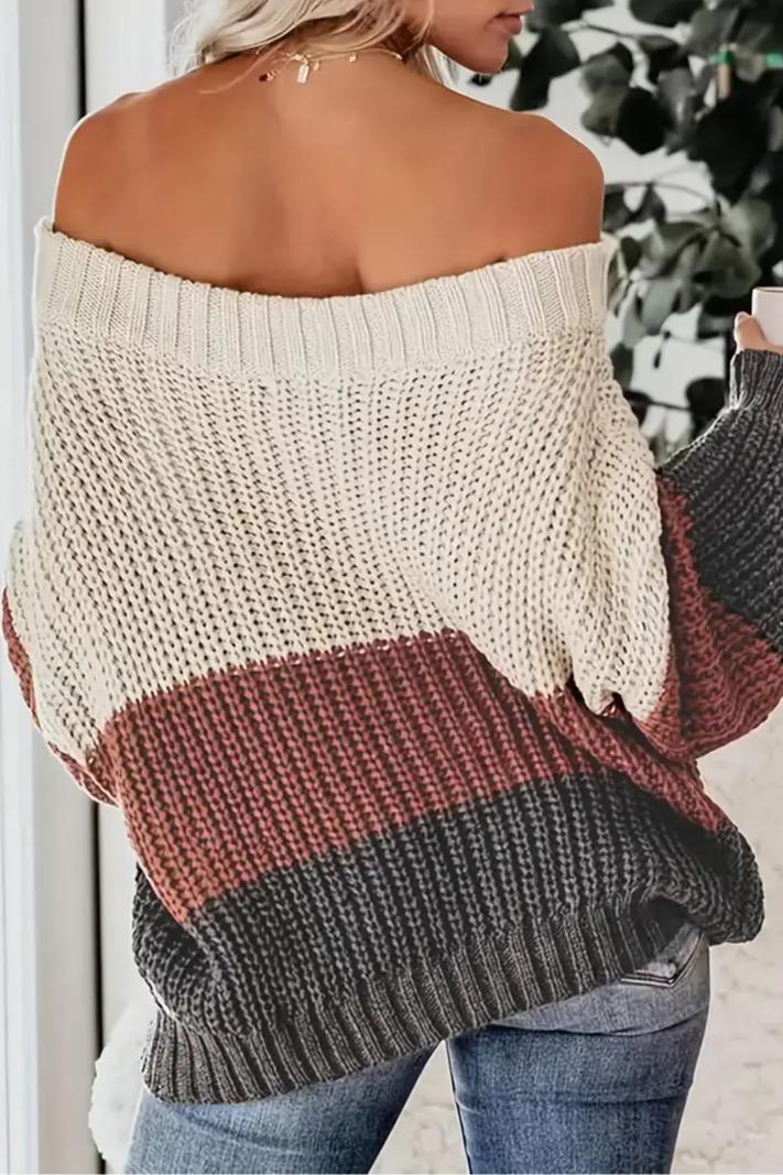 OFF THE SHOULDER COLOR BLOCK KNIT SWEATER Product Image