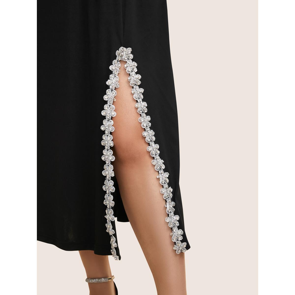 Plus Size Rhinestone Detail Floral Embroidered Split Front Dress Black Women Cocktail Rhinestone detailing V-neck Sleeveless Curvy BloomChic 14-16/1X Product Image