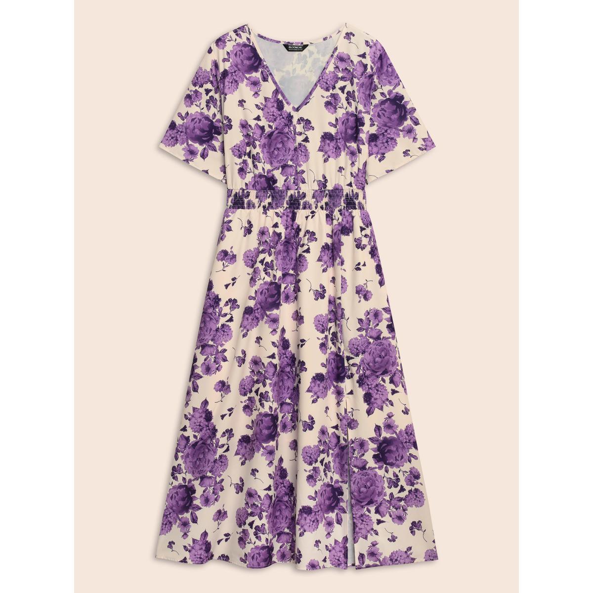 Plus Size Floral Print Split Side Shirred Dress BlueViolet Women Elegant Shirred V-neck Short sleeve Curvy BloomChic 14-16/1X Product Image