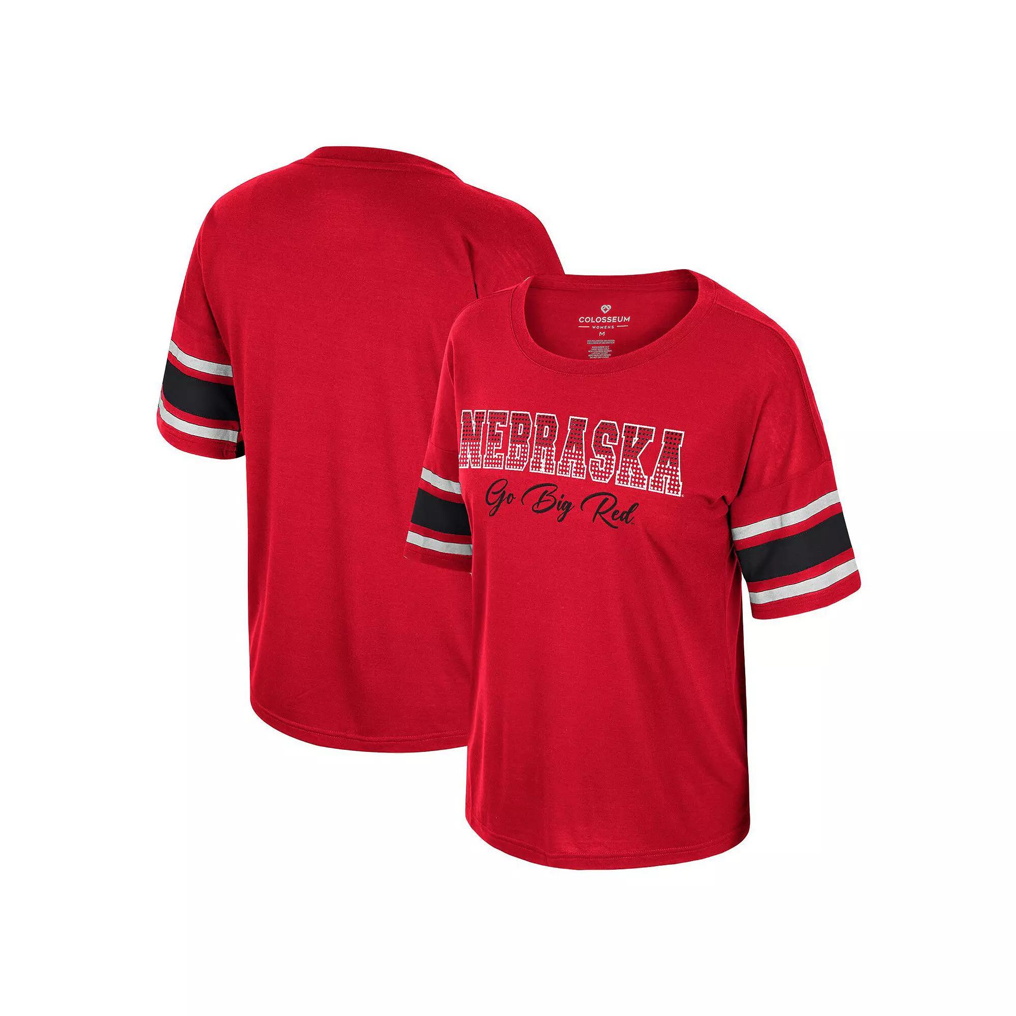 Womens Colosseum Scarlet Nebraska Huskers Im Gliding Here Rhinestone T-Shirt Product Image