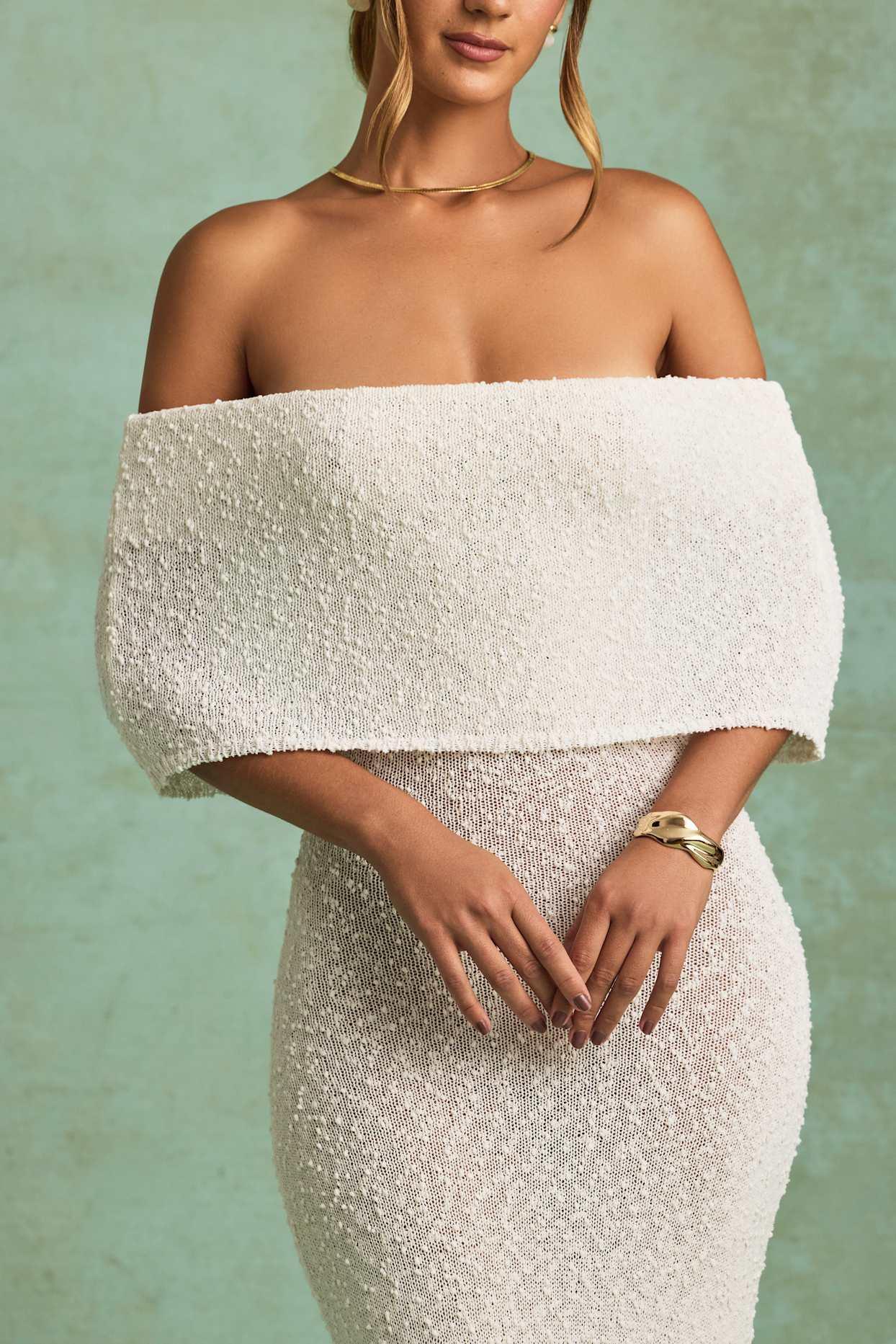 Bouclé Off-Shoulder Maxi Dress in White Product Image