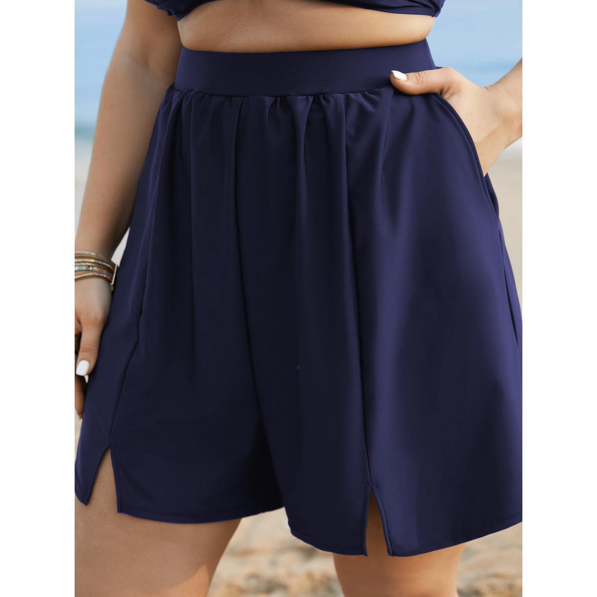 Plus Size Solid Slit Front Pocket Gathered Swim Bottom Women's Swimwear Indigo Beach Gathered High stretch Bodycon High Rise Side seam pocket Curve Swim Bottoms BloomChic 30/6X Product Image