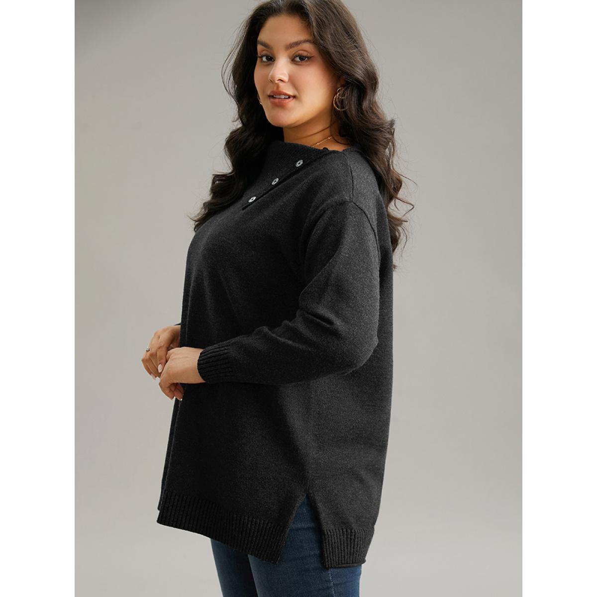 Plus Size Supersoft Essentials Asymmetrical Neck Button Detail Pullover Black Women Casual Loose Long Sleeve Asymmetrical Neck Dailywear Pullovers BloomChic 18-20/2X Product Image