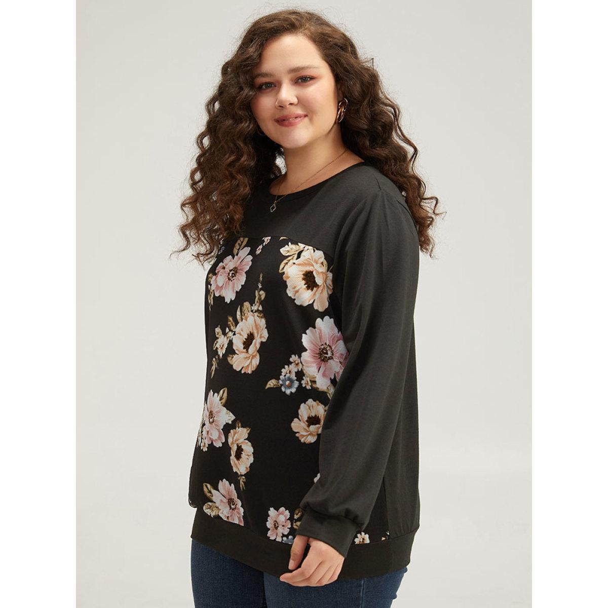 Plus Size Floral Print Patchwork Round Neck Sweatshirt Women Black Elegant Patchwork Round Neck Dailywear Sweatshirts BloomChic 22-24/3X Product Image