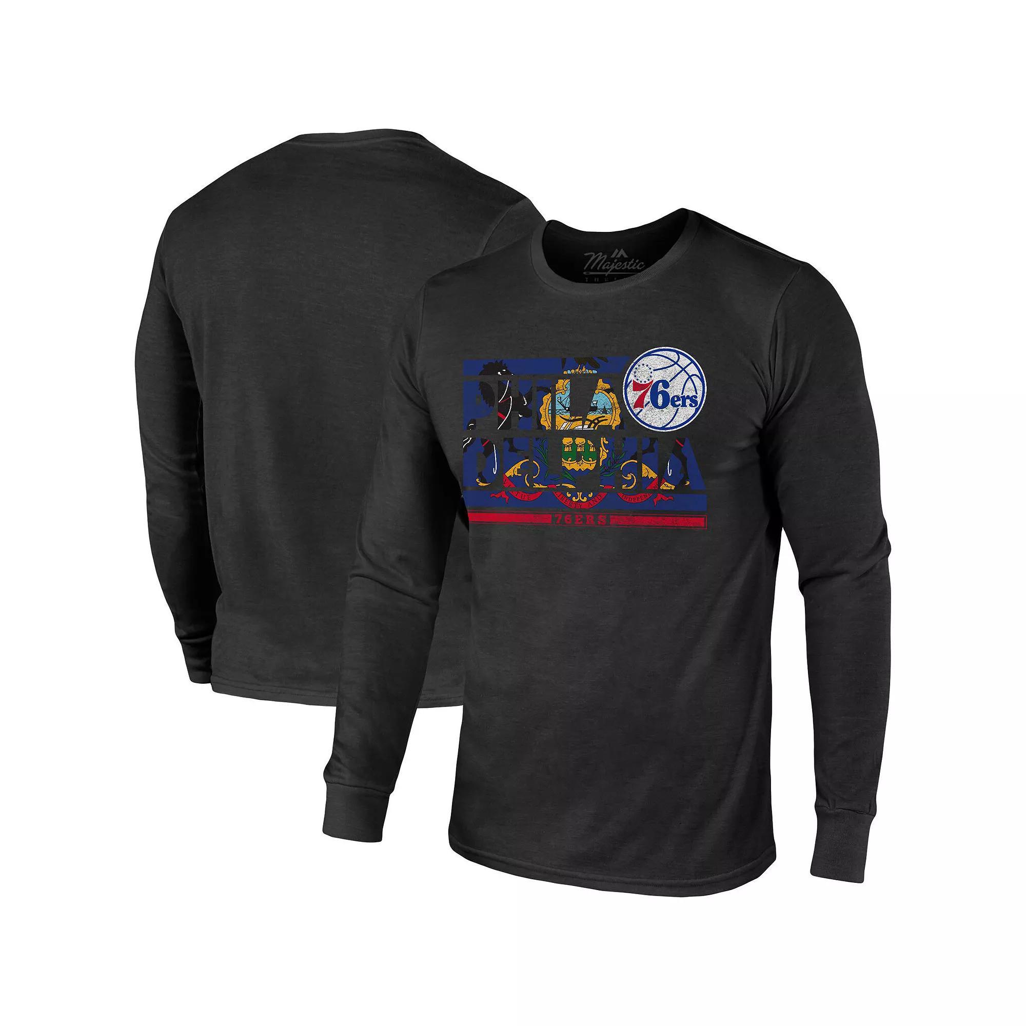 Men's Majestic Threads Black Philadelphia 76ers City and State Tri-Blend Long Sleeve T-Shirt, Size: Large, 76r Black Product Image
