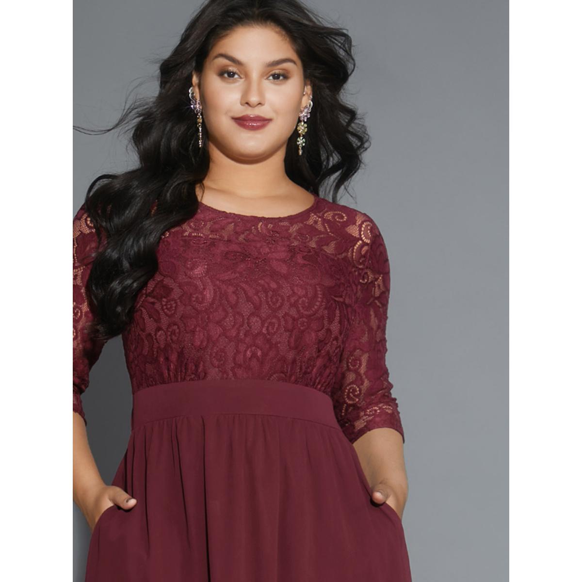Plus Size Lace Patchwork Shirred Midi Pocket Dress Burgundy Women Cocktail Woven ribbon&lace trim Round Neck Elbow-length sleeve Curvy BloomChic 26/4X Product Image