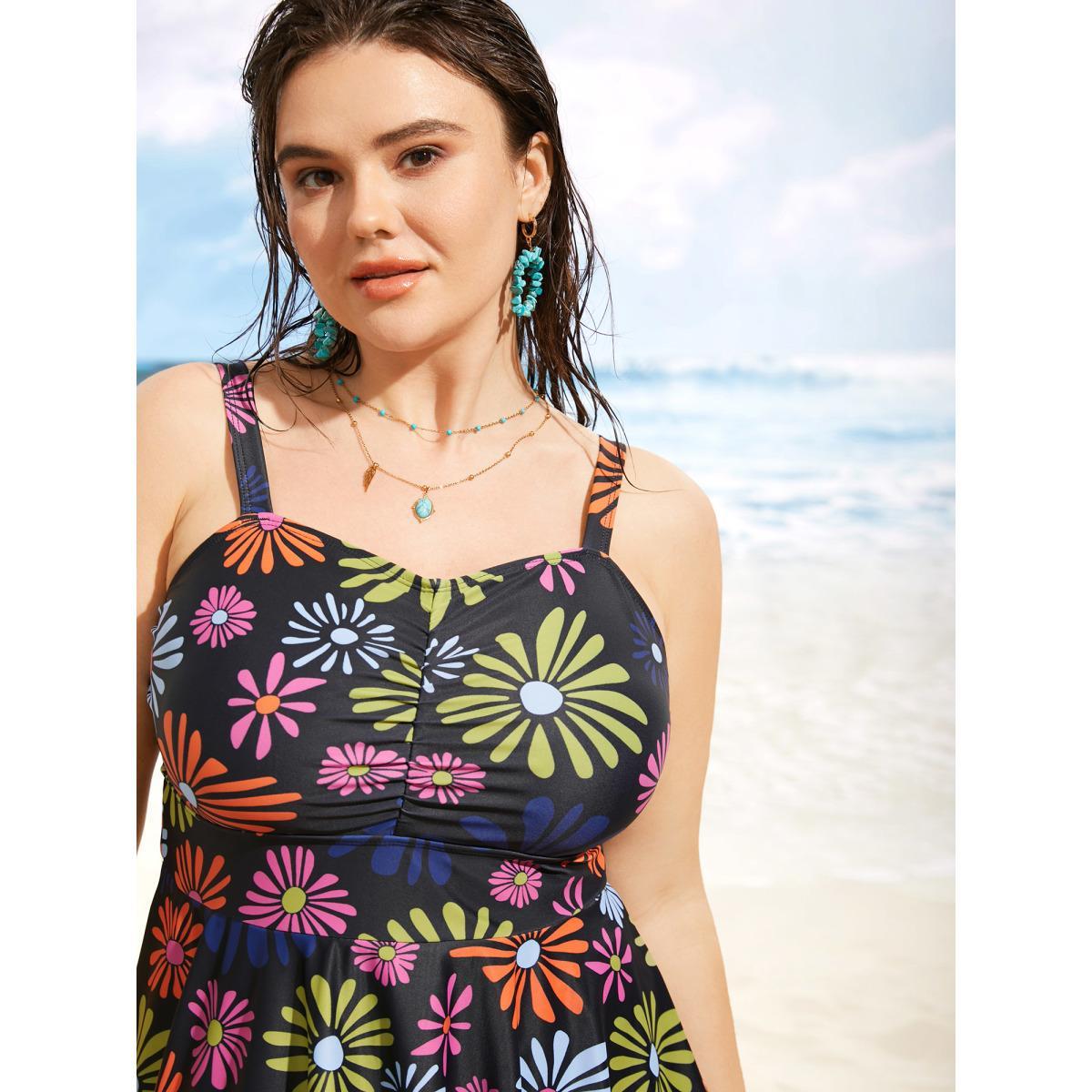 Plus Size Floral Heart Neckline Ruched Swim Dress Women's Swimwear Black Beach Bodycon Heart neckline High stretch Curve Swim Dresses BloomChic 14-16/1X Product Image