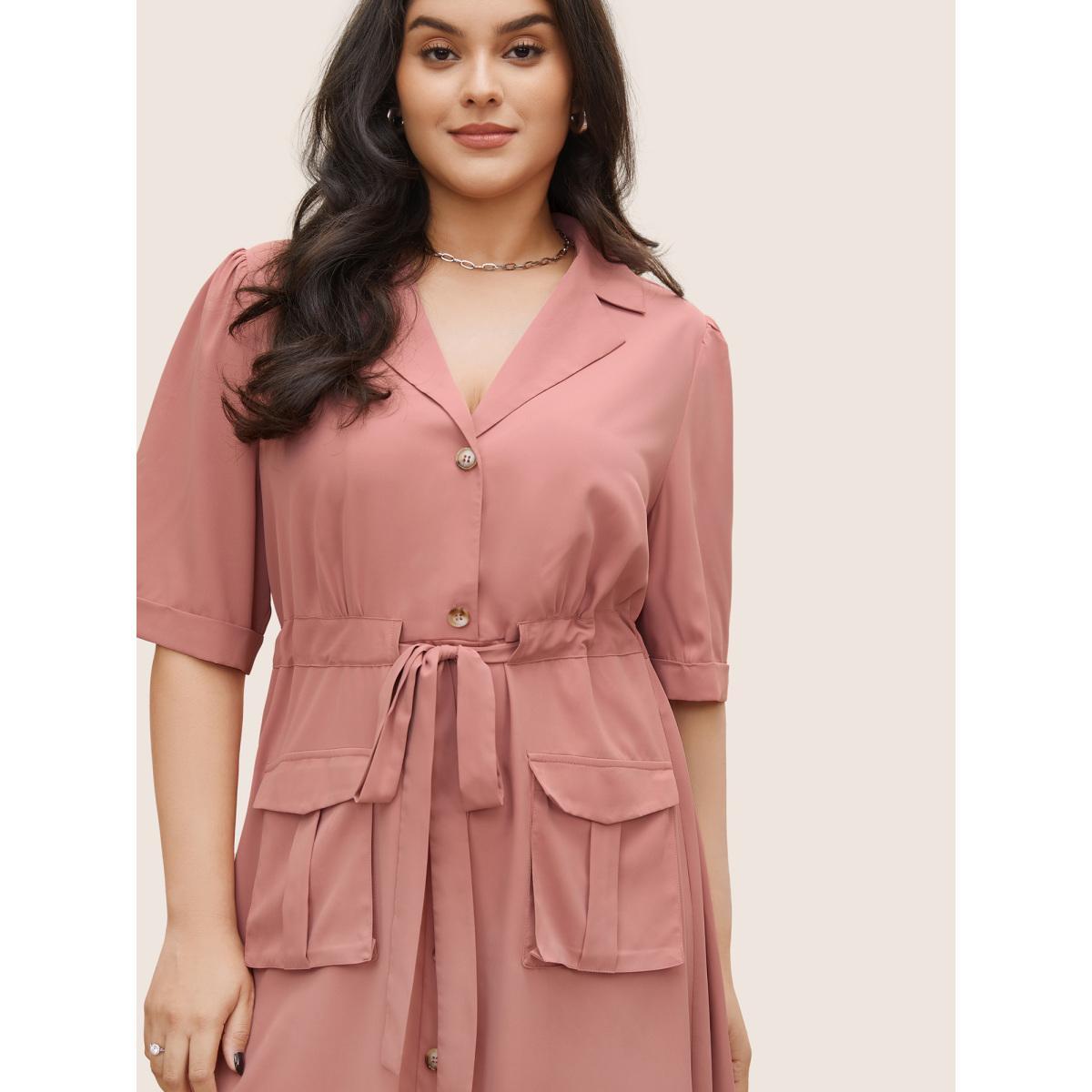 Plus Size Solid Patched Pocket Ties Gathered Dress Crepe Women At the Office Non Suit Collar Half Sleeve Curvy Midi Dress BloomChic 22-24/3X Product Image