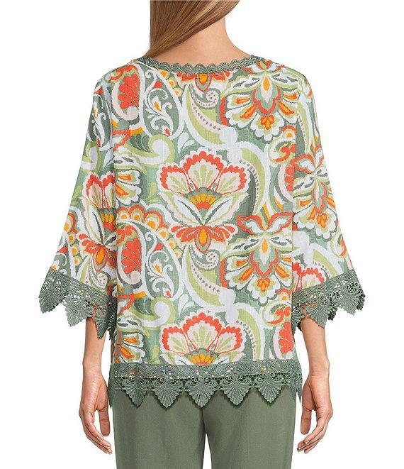 Allison Daley Vintage Paisley Print 3/4 Sleeve Crew Neck Lace Detail Linen Blend Blouse Product Image
