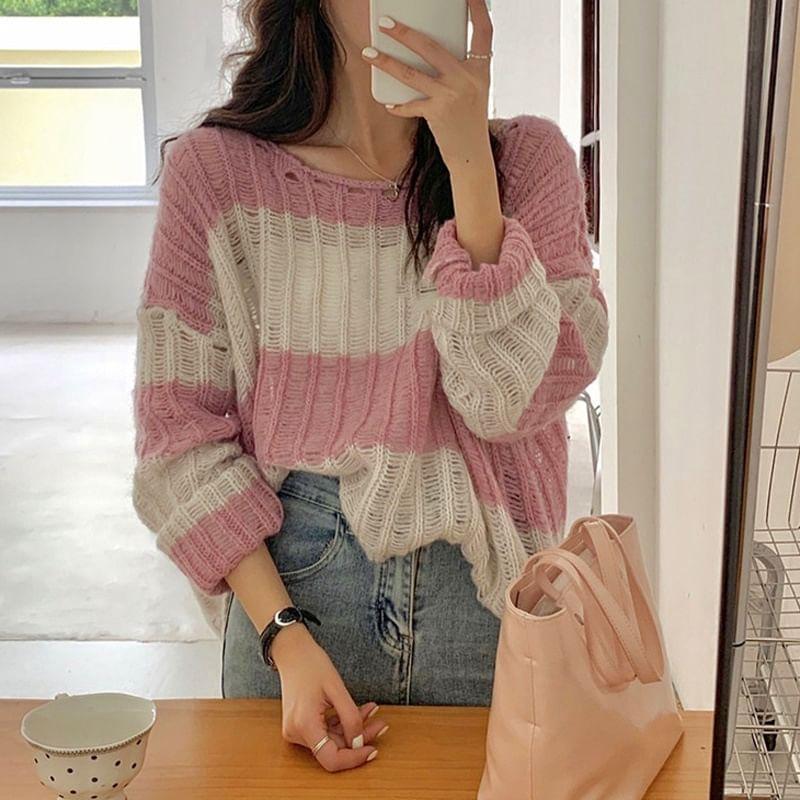 Long-Sleeve Crew Neck Striped Distressed Knit Top Product Image