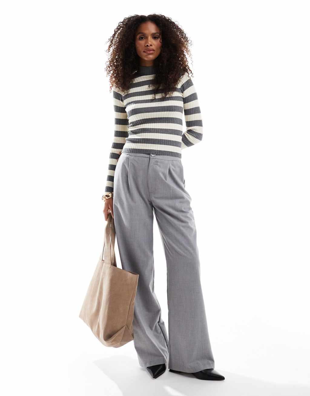 Stradivarius knitted sweater in gray and beige stripe Product Image