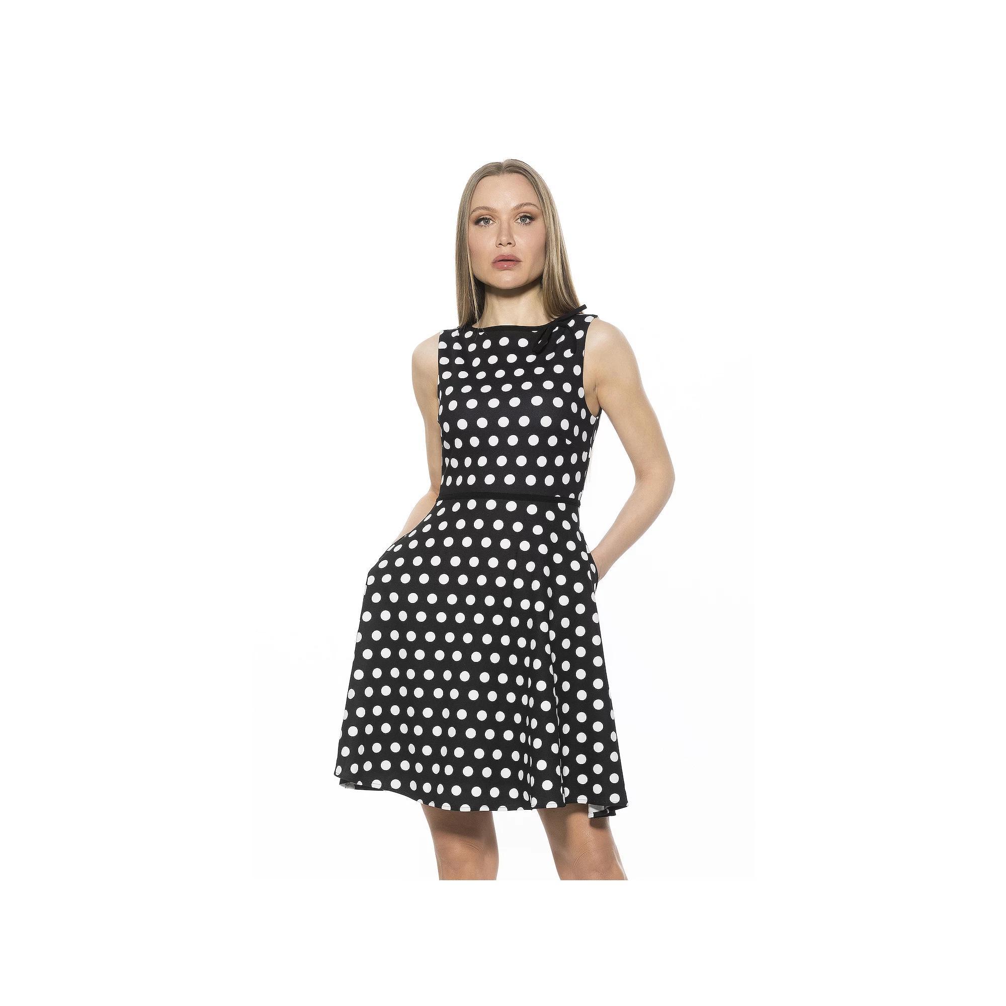 Women's ALEXIA ADMOR Ida Crewneck Fit And Flare Dress, Size: Large, Black White Dots Product Image
