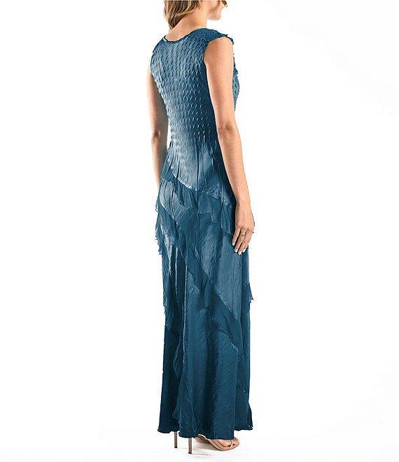 Komarov Chiffon Charmeuse V-Neck Sleeveless Ruffle Cascade A-Line Dress Product Image