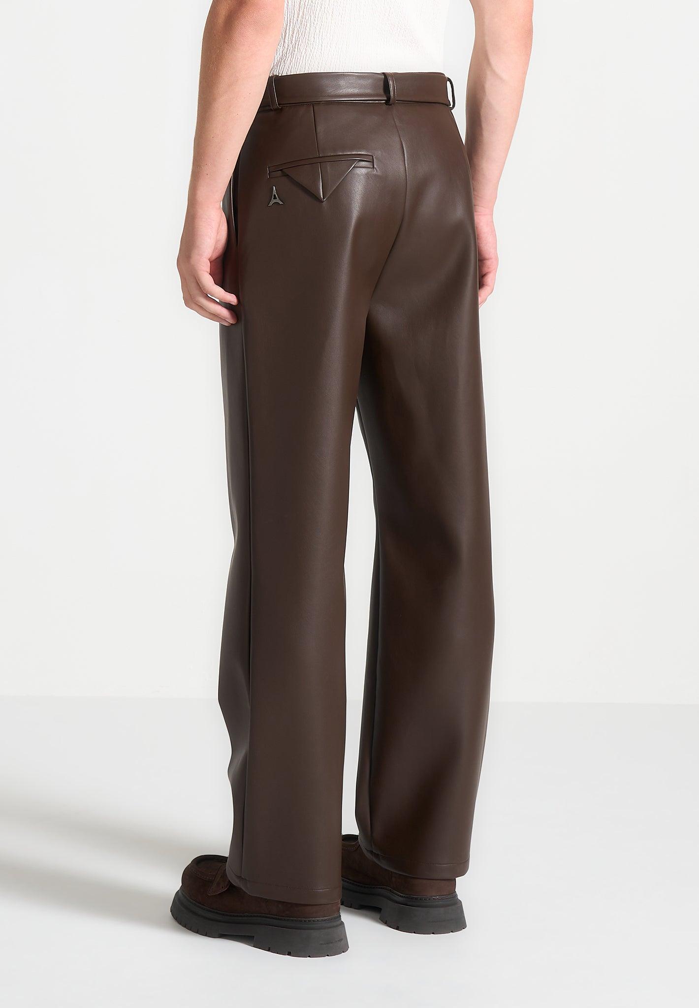 Relaxed Fit Leather Pleated Trousers - Brown Male Product Image