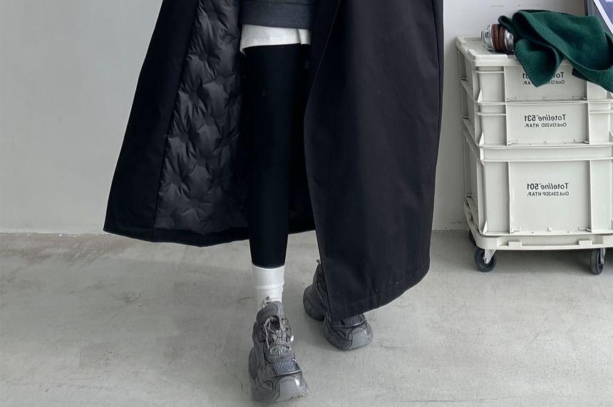 Lapel Collar Plain Puffer Long Coat Product Image