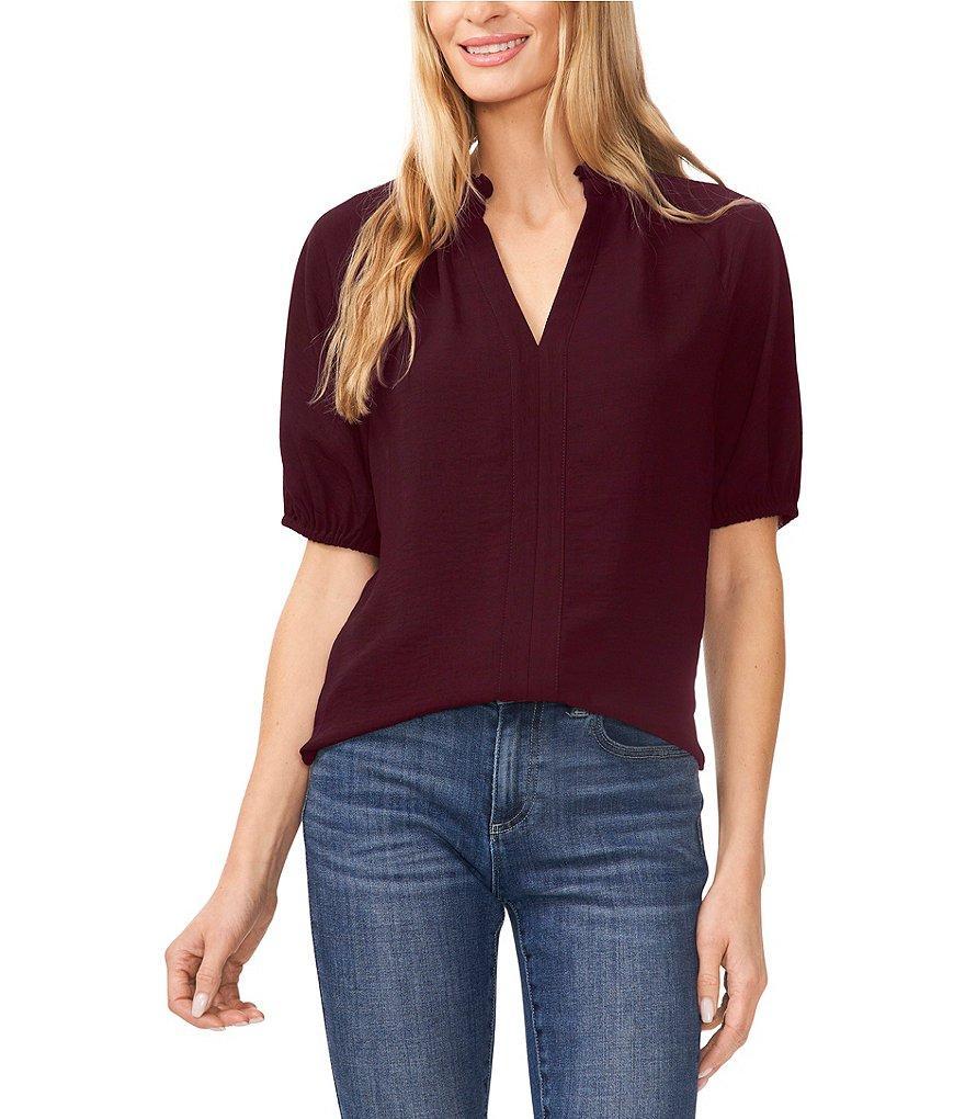 CeCe Drapey Gauze Ruffled Split V-Neck Short Puffed Sleeve Blouse Product Image