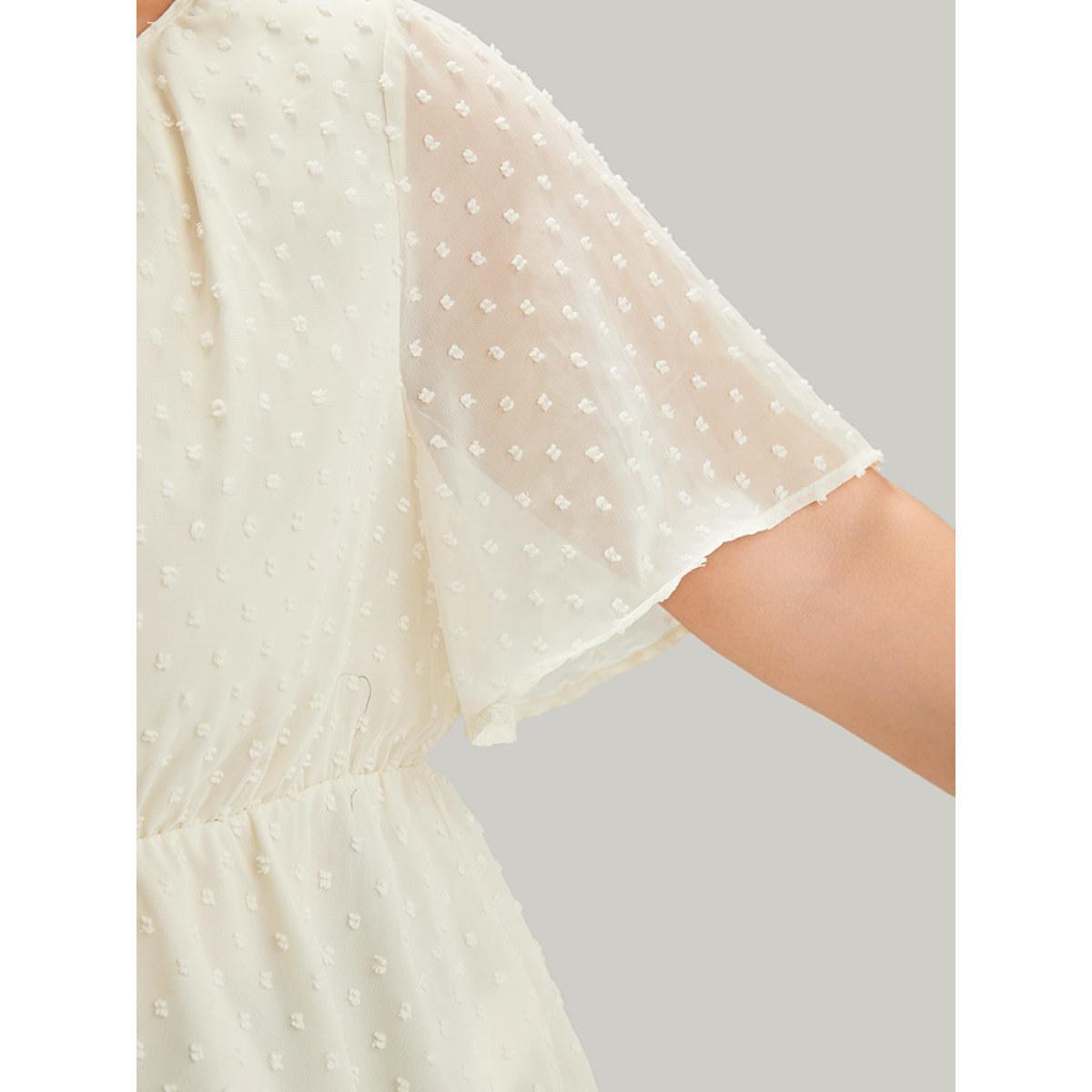 Plus Size Ivory Polka Dot Keyhole Mesh Gathered Flutter Sleeve Blouse Women Office Short sleeve V-neck Work Blouses BloomChic 10/M Product Image