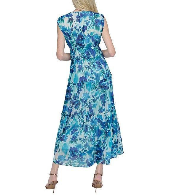 DKNY by Donna Karan Chiffon Floral Print V Neck Sleeveless Sheath Maxi Dress Product Image