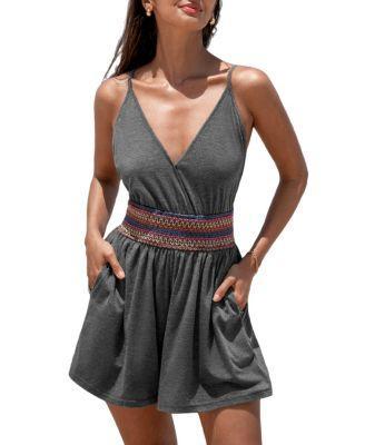 Cupshe Womens Grey Surplice Smocked Waist Wide Leg Romper Product Image
