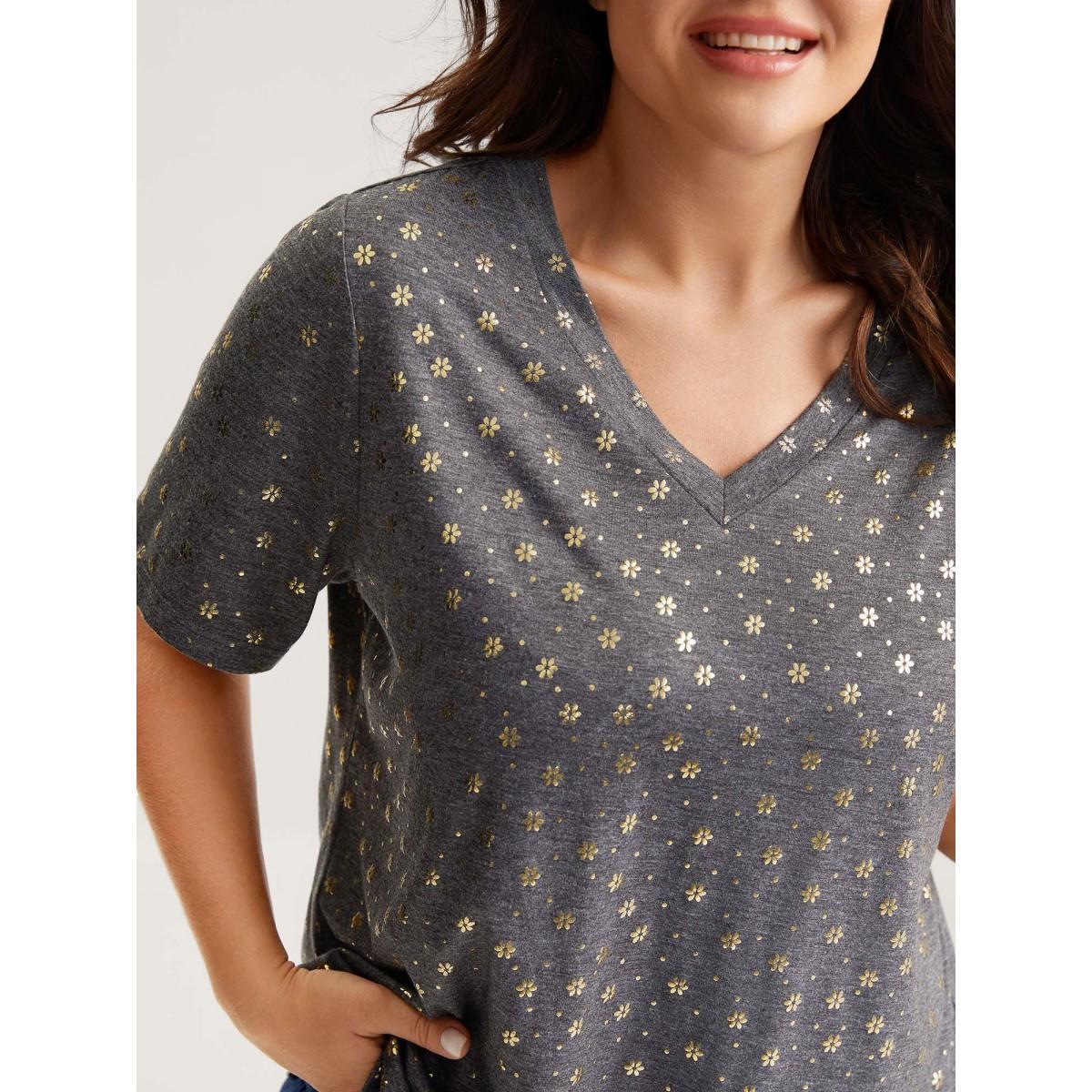 Plus Size Supersoft Stretchy Gold Floral T-Shirt DimGray Women Non V-neck Everyday-Casual T-shirts BloomChic 12/L Product Image