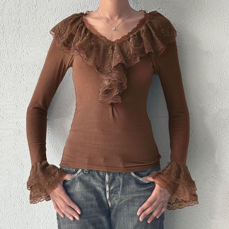 Bell Sleeve V-Neck Lace Panel Ruffled-Trim Slim-Fit Top Product Image