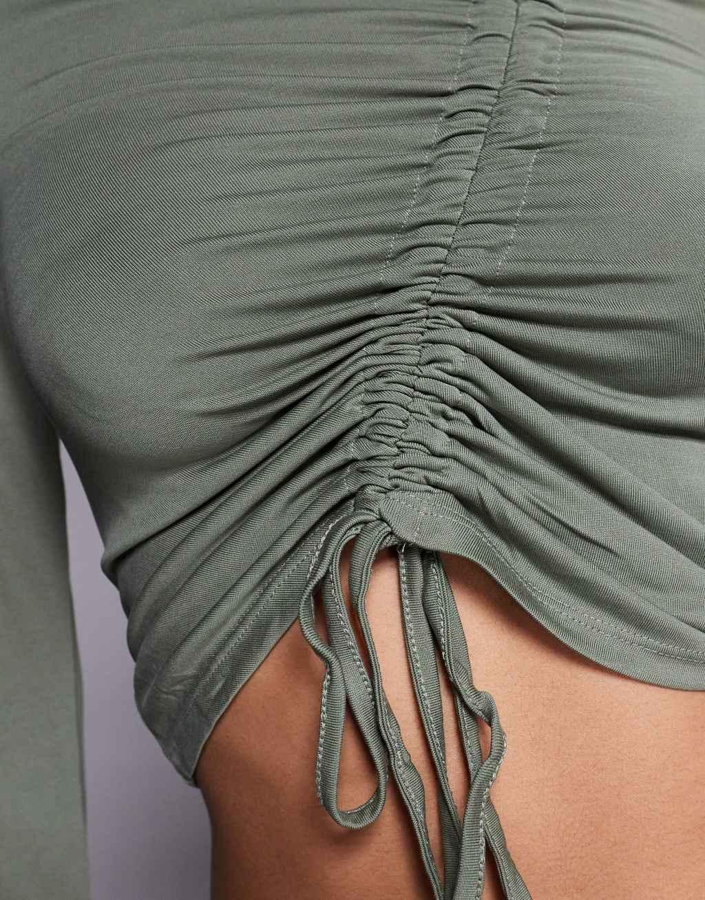 ASOS DESIGN soft handle long sleeve top with front asymmetric ruching in sage Product Image