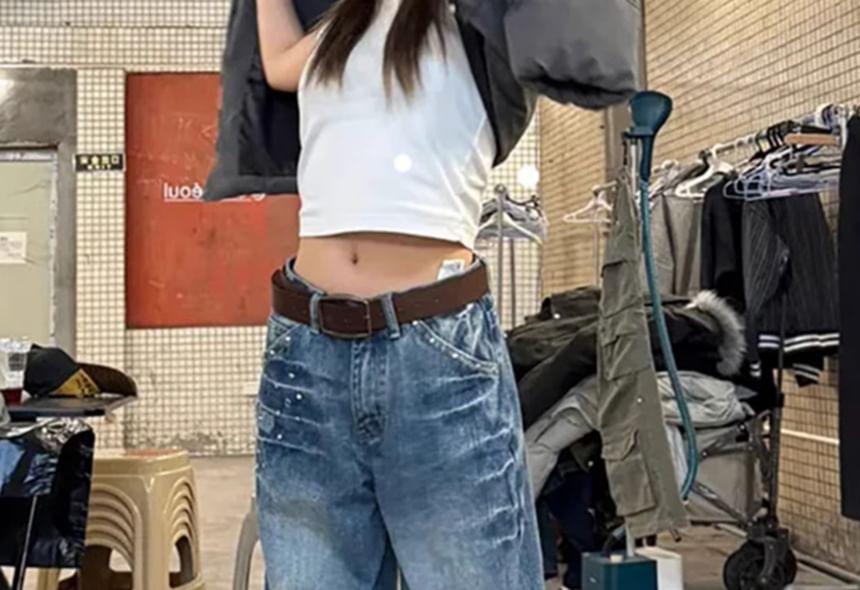 Mid Waist Washed Studded Wide Leg Jeans Product Image