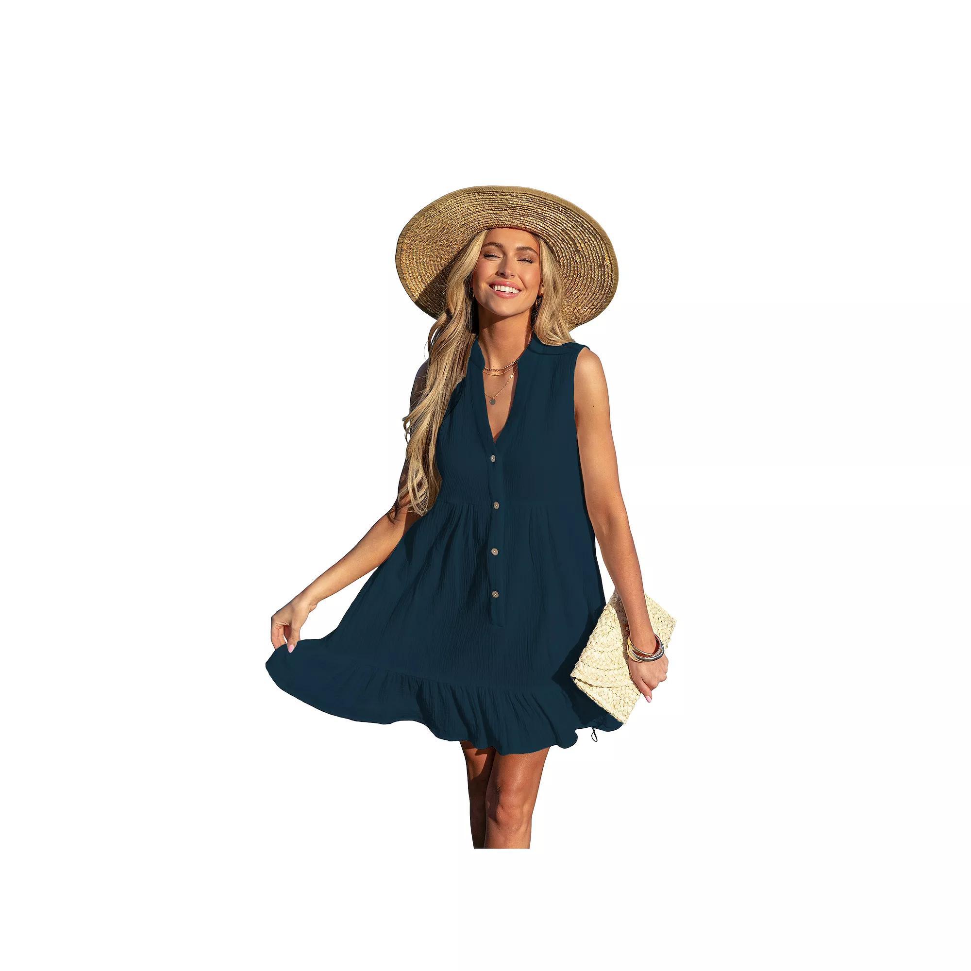 Women's Cupshe Button Front Ruffled Hem Cover-Up Mini Swim Dress, Size: XL, Blue Product Image