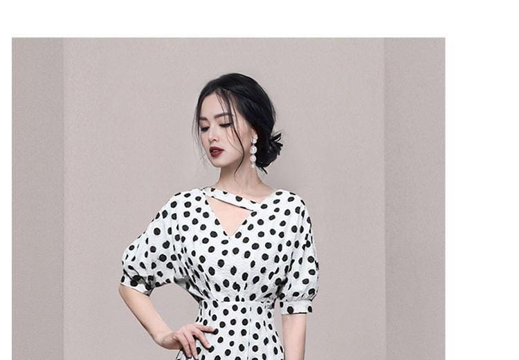 Puff Sleeve V-Neck Dotted Strapped Midi A-Line Dress Product Image