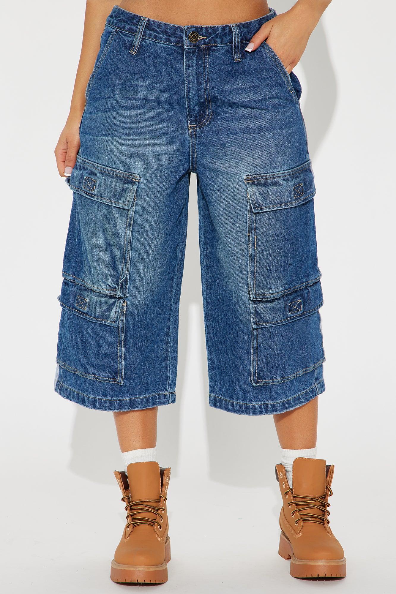 Denize High Rise Cargo Denim Jorts - Medium Wash Product Image