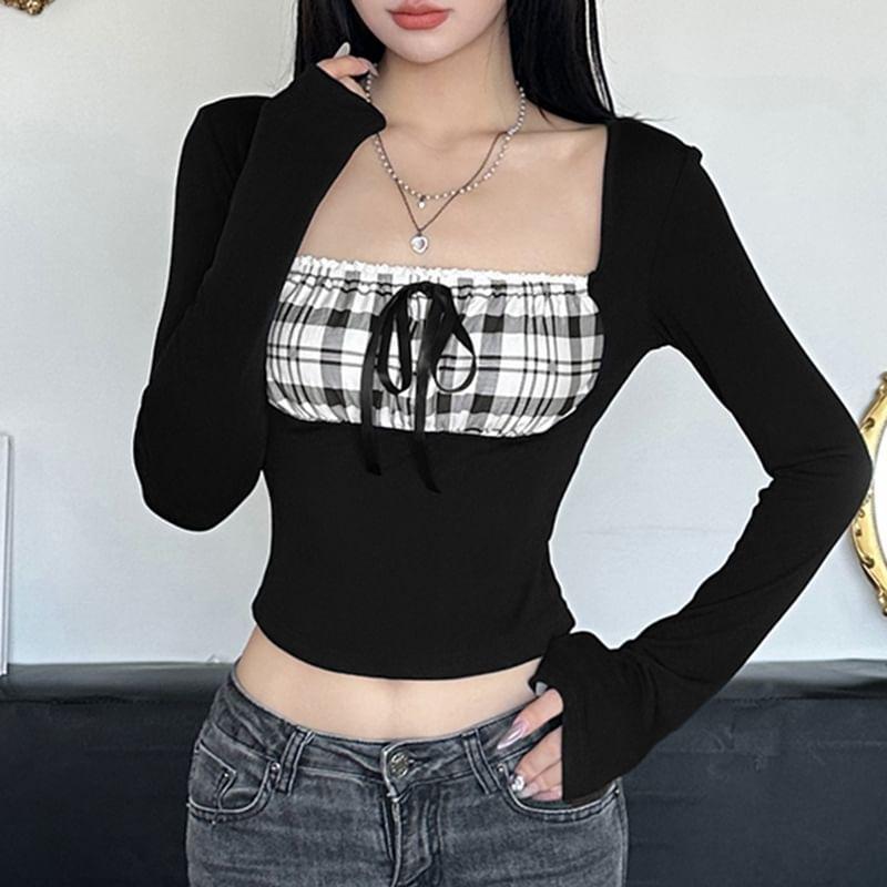 Long Sleeve Square Neck Plaid Panel Crop Top Product Image