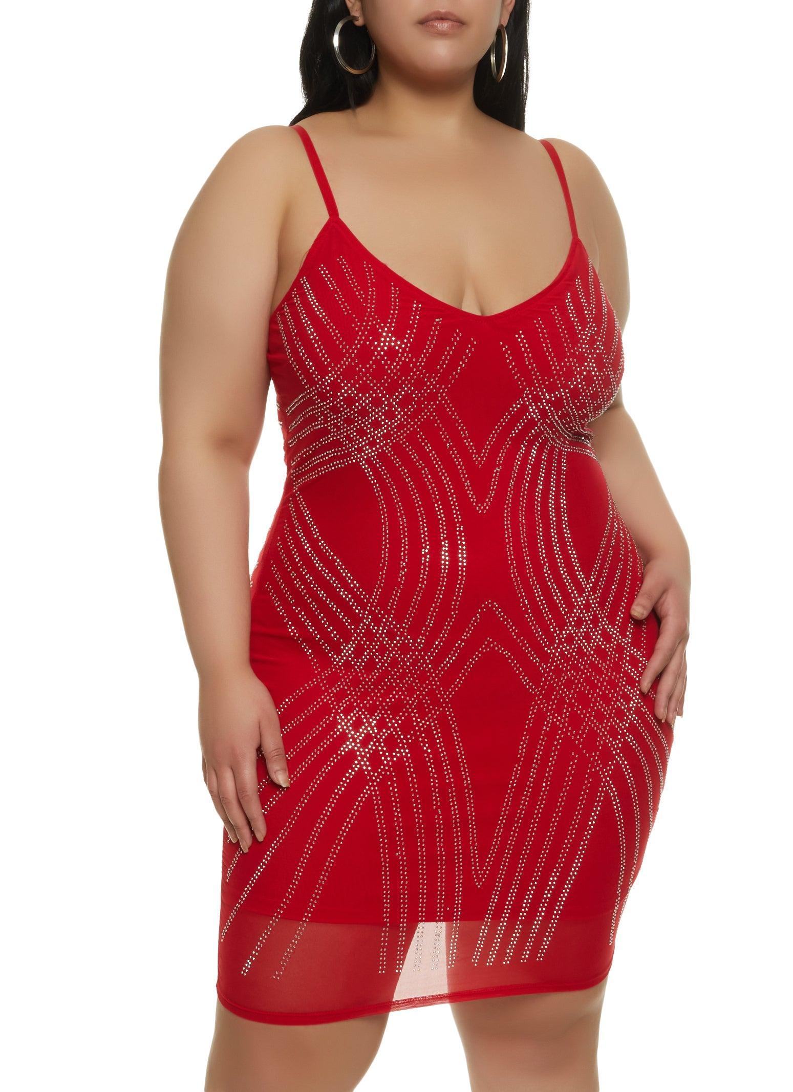 Womens Plus Size Rhinestone Detail Mesh Bodycon Dress Product Image